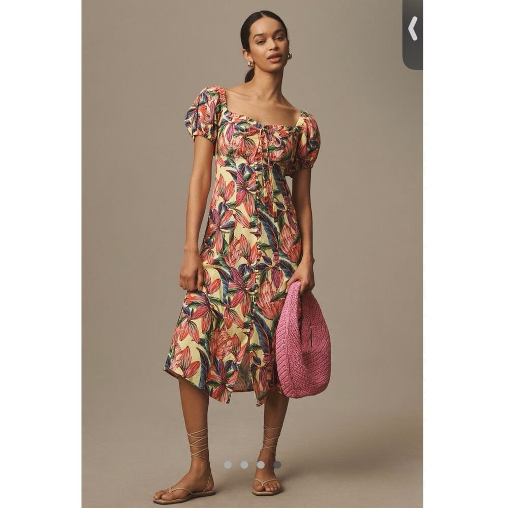 FARM Rio Yellow Tropical Leaf Midi Dress with Pink and Green Print